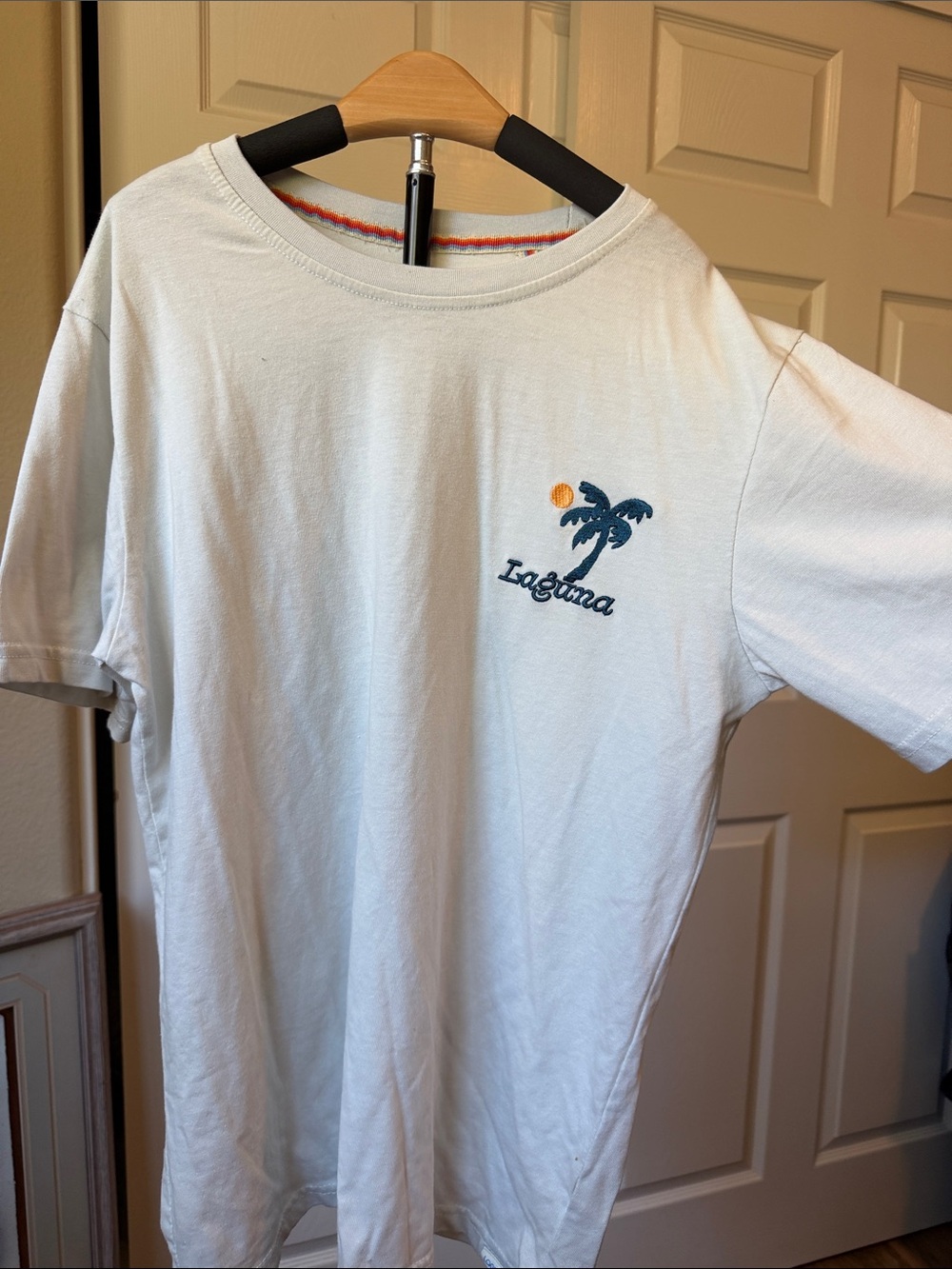 E11 Laguna B White Short Sleeve Tee with Teal Palm & Orange Sun